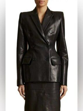 $4400 KHAITE Martu Double Breasted Leather Blazer - Black size2